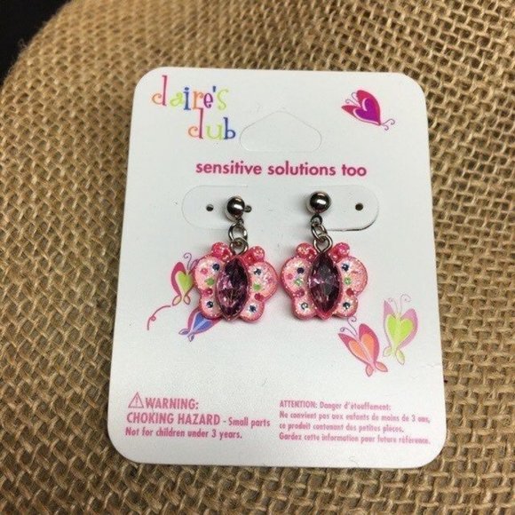 Claires Pink Butterfly Earrings Sensitive Solutions Too Silver Rhinestone Barbie - Picture 1 of 4